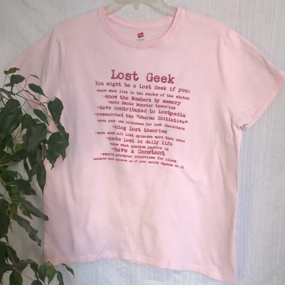 HANES Size L but closer to Med  pink LOST GEEK LOST lovers t shirt graphic T